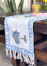 Blue Palm Tree Hand Block Printed Jute Table Runner
